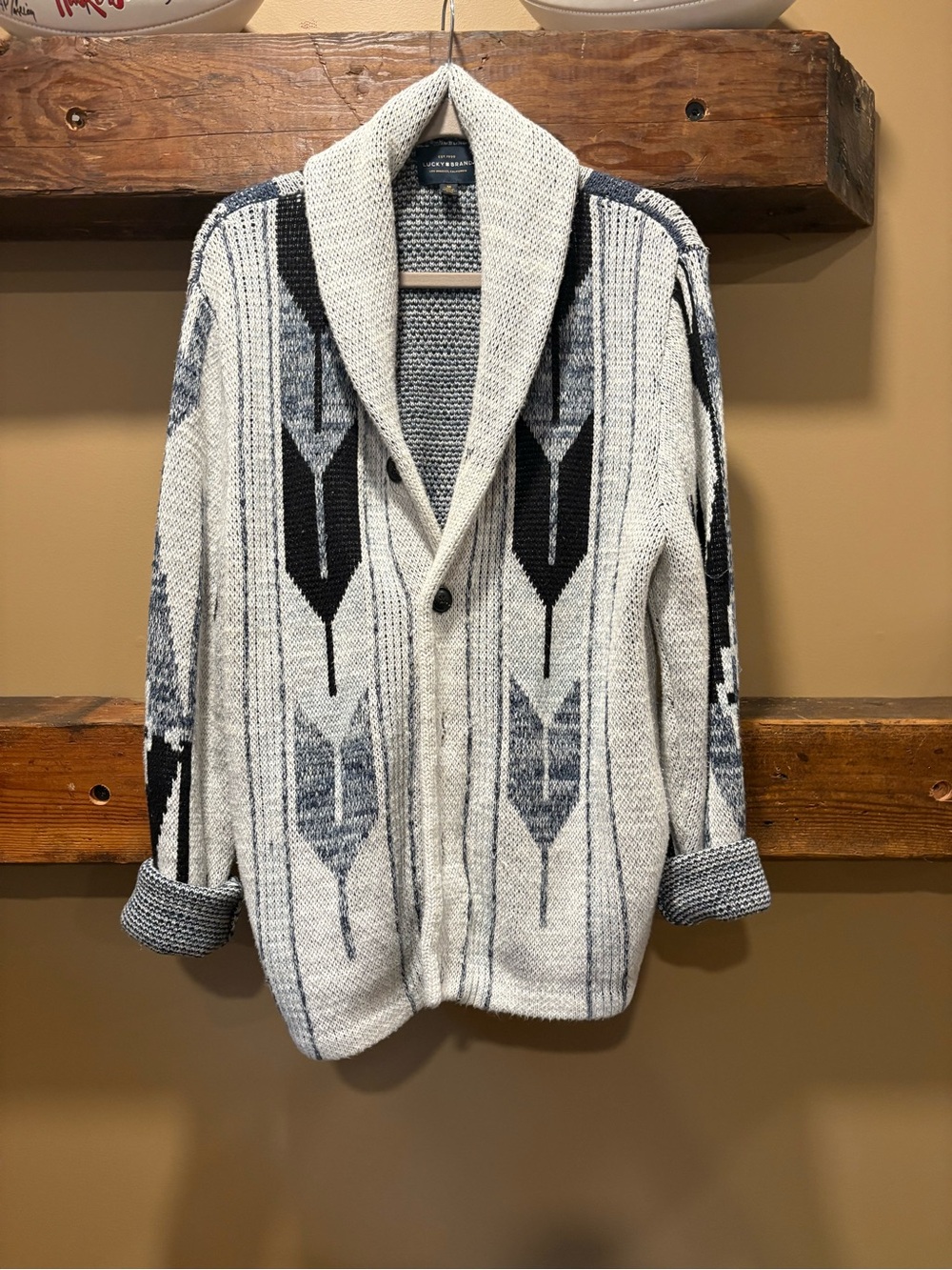 Lucky Brand Cream and Black Patterned Shawl Collar Cardigan